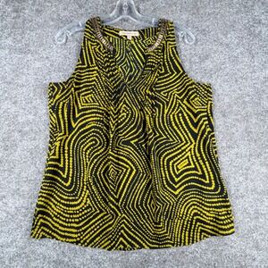 Vtg Banana Republic Heritage Yellow Black Geometric Beaded V-Neck Top Blouse M